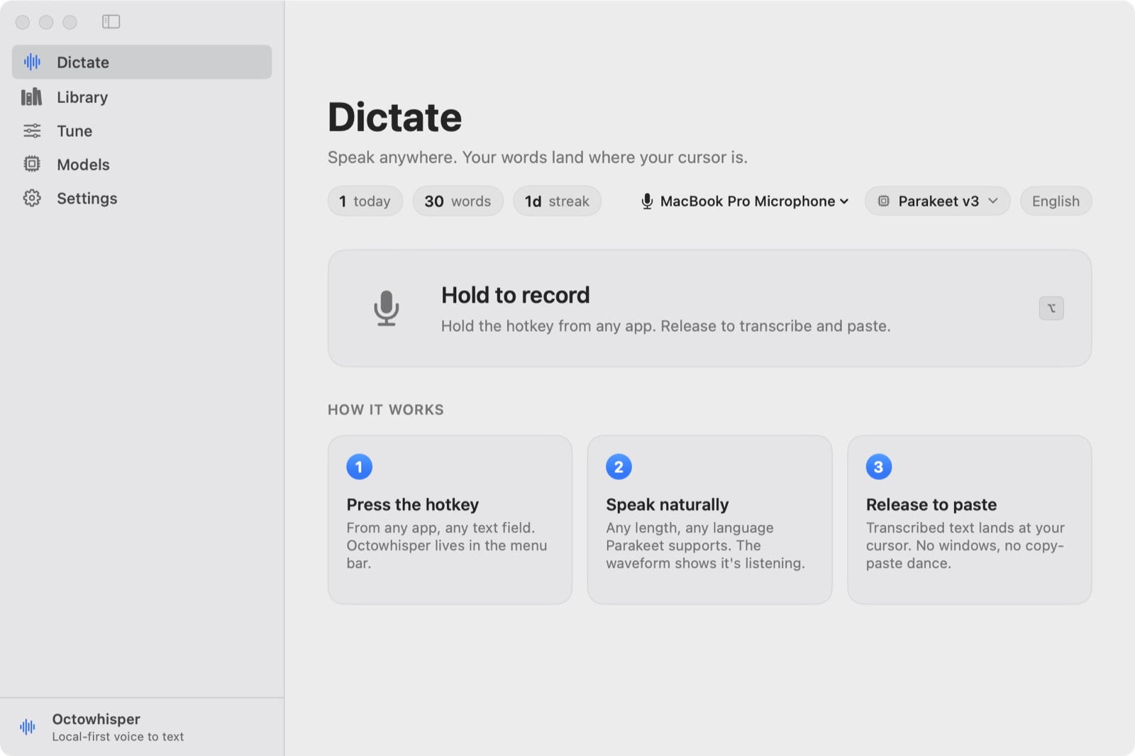 The Octowhisper Dictate window on a Mac, with the Parakeet v3 on-device model selected and a hold-to-record hotkey