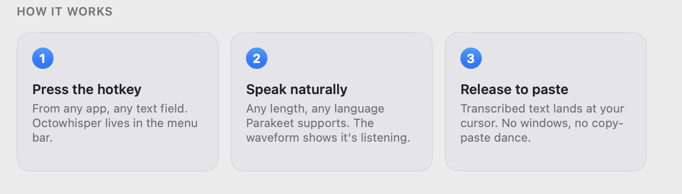 Octowhisper's three steps: press the hotkey in any app, speak, release to paste the text at your cursor